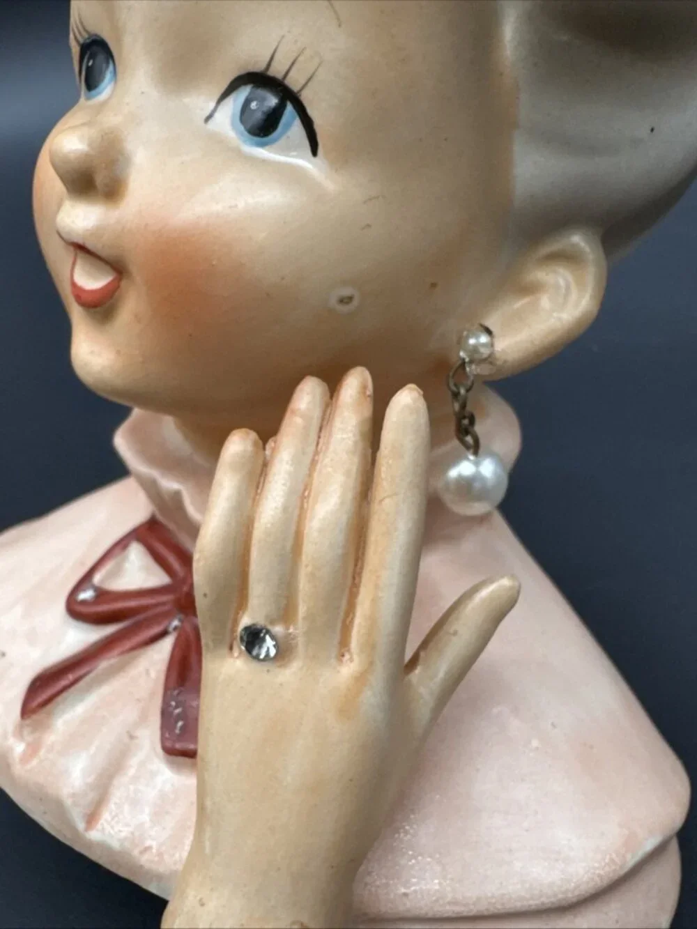 VTG 50’s Head Vase Pink Ponytail Pearl Earring Engagement Ring Bow Girl Ceramic